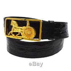 Authentic CELINE Horse Buckle Belt Black Gold Embossed Leather Vintage AK20399