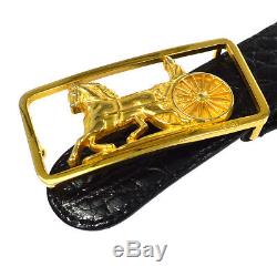 Authentic CELINE Horse Buckle Belt Black Gold Embossed Leather Vintage AK20399