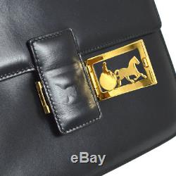 Authentic CELINE Horse Carriage Hand Bag Black Leather Vintage Italy JT06848