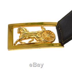 Authentic CELINE Horse Logos Buckle Belt Black Gold Leather Vintage M12862