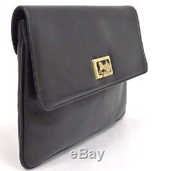 Authentic CELINE Vintage Black leather Horse Carriage clasp Clutch bag Italy