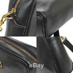 Authentic HERMES Horse Logos Cross Body Shoulder Bag Black Leather VTG B26565
