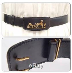 Authentic HERMES Vintage H Horse Motif Buckle Belt Black