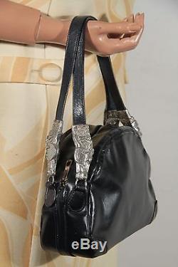 Authentic ROBERTA DI CAMERINO Vintage Black Leather HANDBAG Bag with HORSE HEADS