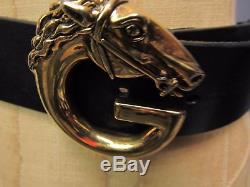 Authentic Vintage GUCCI Italy G Horse Head Brass Buckle Black Leather Belt 34 85