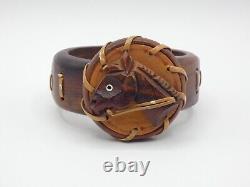 BR599 Vintage Wood Hinged Equestrian Horse leather bracelet