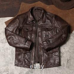 Batik Horse Leather Men's Lapel Vintage Safari Leather Multi-pocket Jacket