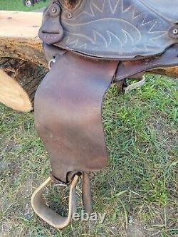 Beautiful Old Vintage Western Leather Horse Saddle Repair Decor Wood Stirrups