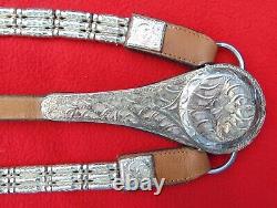 Beautiful Vintage Horse Set Engraved Silver & Leather Martingale, Bridle, Reins