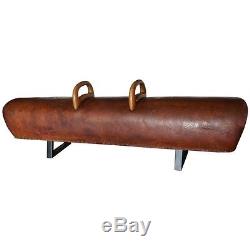 Bench from Vintage Leather Gym Pommel Horse with Steel Bracket Legs
