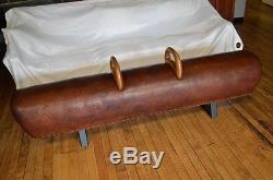 Bench from Vintage Leather Gym Pommel Horse with Steel Bracket Legs