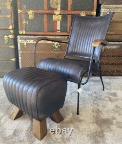 Black Leather Stool / Footstool Wood Legs Pommel Horse Style Retro Vintage