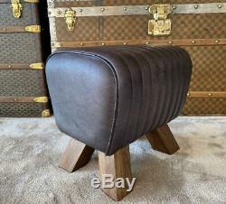 Black Leather Stool / Footstool Wood Legs Pommel Horse Style Retro Vintage