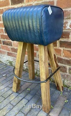 Blue Leather Bar Counter Stool Wood Legs Pommel Horse Style Retro Vintage