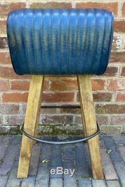 Blue Leather Bar Counter Stool Wood Legs Pommel Horse Style Retro Vintage
