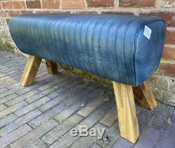 Blue Leather Bench Wood Legs Pommel Horse Style Retro Vintage