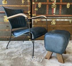 Blue Leather Stool / Footstool Wood Legs Pommel Horse Style Retro Vintage
