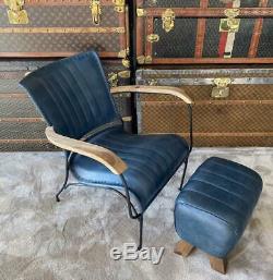 Blue Leather Stool / Footstool Wood Legs Pommel Horse Style Retro Vintage