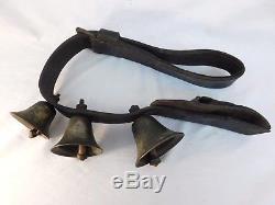 Bronze Horse Sleigh Bells Brown Leather Strap Antique Vintage 3 Bells