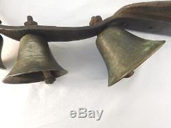 Bronze Horse Sleigh Bells Brown Leather Strap Antique Vintage 3 Bells