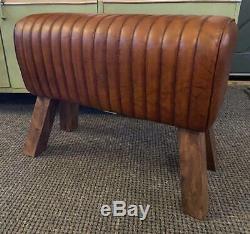 Brown Leather Bench School Vintage Pommel Horse Style Wooden Legs 69cm