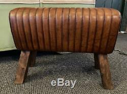 Brown Leather Bench School Vintage Pommel Horse Style Wooden Legs 69cm