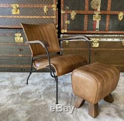 Brown Leather Stool / Footstool Wood Legs Pommel Horse Style Retro Vintage