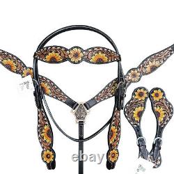 C-SET Western Horse Headstall Breast Collar Spur Strap Leather Sunflower