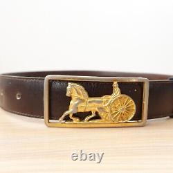 CELINE Belt 70 Gold Buckle Logo Brown Leather Horse Carriage XS Studded VINTAGE