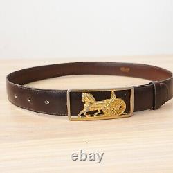 CELINE Belt 70 Gold Buckle Logo Brown Leather Horse Carriage XS Studded VINTAGE