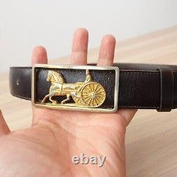 CELINE Belt 70 Gold Buckle Logo Brown Leather Horse Carriage XS Studded VINTAGE