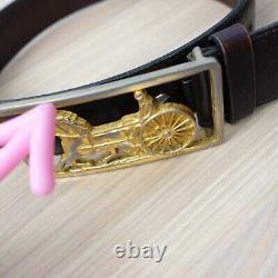 CELINE Belt 70 Gold Buckle Logo Brown Leather Horse Carriage XS Studded VINTAGE