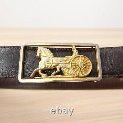 CELINE Belt 70 Gold Buckle Logo Brown Leather Horse Carriage XS Studded VINTAGE