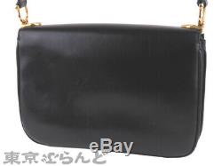 CELINE Gold Horse Carriage Shoulder Bag Black Carf Leather Vintage Used Ex++