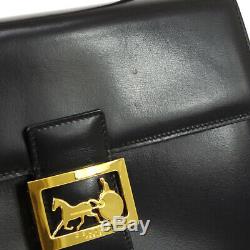 CELINE Horse Carriage Logos Hand Bag F97/2 Black Leather Vintage R11783