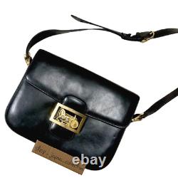 CELINE Old Vintage Leather Horse Carriage Shoulder Bag Black W24cm H19cm D5cm