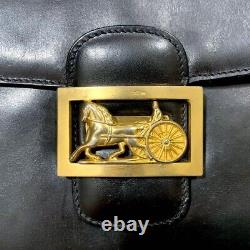 CELINE Old Vintage Leather Horse Carriage Shoulder Bag Black W24cm H19cm D5cm