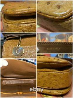 CELINE SULKY Shoulder Bag Brown Ostrich Leather Gold Horse Buckle Flap Vintage