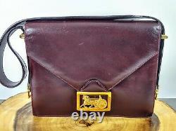 CELINE Shoulder Box Bag Red Wine Leather Gold Horse Carriage Vintage