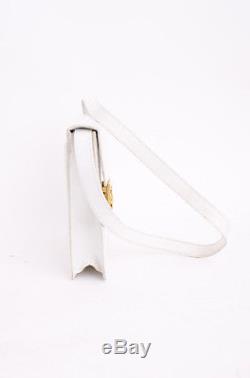 CELINE VTG White Structured Leather Gold Horse Carriage Flap Shoulder Bag Purse