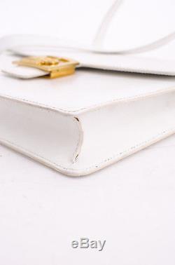 CELINE VTG White Structured Leather Gold Horse Carriage Flap Shoulder Bag Purse