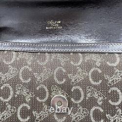 CELINE vintage C Macadam Carriage Metal Shoulder Bag Canvas Leather Brown Auth