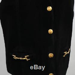 Celine Vest Suede Leather F44 US12 Black Vintage Gold Buttons Horse Bit Buckles