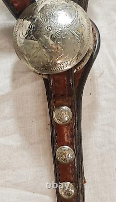 Circle Y Breast Collar Matching Headstall Brow Band Etched Silver Conchos Bling