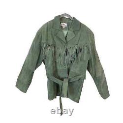 Crazy Horse Fringe Western Jacket Vintage Womens Green Suede Leather Size Medium