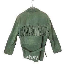 Crazy Horse Fringe Western Jacket Vintage Womens Green Suede Leather Size Medium