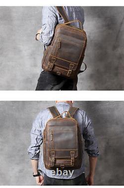 Crazy Horse Leather Laptop Backpack Vintage Bussiness Schoolbag Multi-function