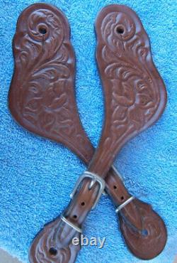 Crockett Renalde Etched Band Horse Spurs Vintage Tooled Leather Spur Straps
