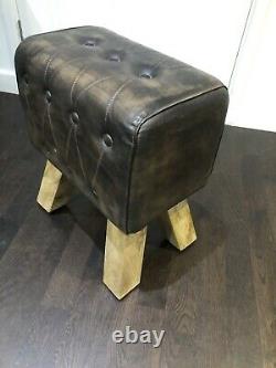 Dark Brown Vintage Chesterfield Style'Pommel Horse' Leather Foot Stool 47cm H