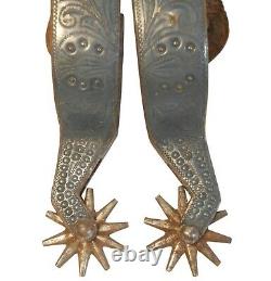 EARLY 20TH C WESTERN VINT PR HORSE RIDING BOOT SPURS, WithLEATHER/METAL/POM-POMS